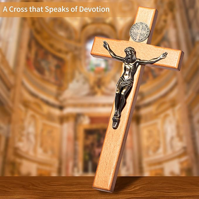 ACHIBANG 10 Inch Wooden Catholic Crucifix Wall Cross with Jesus & Saint Benedict Medal, Natural Wood Religious Decor for Home Prayer Room, Baptism Confirmation Catholic Gifts
