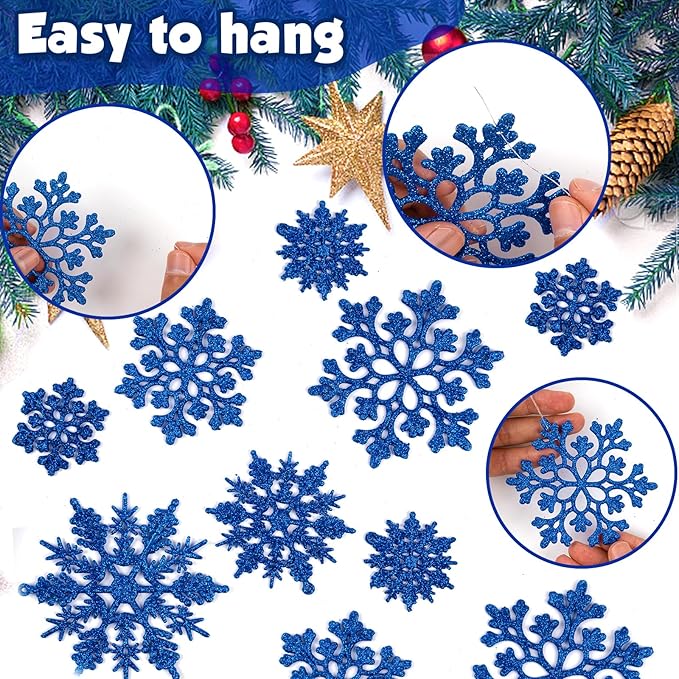 36pcs Christmas Navy Blue Snowflake Ornaments Plastic Glitter Snow Flakes Ornaments for Winter Christmas Tree Decorations Size Varies Craft Snowflakes