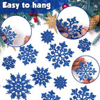 36pcs Christmas Navy Blue Snowflake Ornaments Plastic Glitter Snow Flakes Ornaments for Winter Christmas Tree Decorations Size Varies Craft Snowflakes