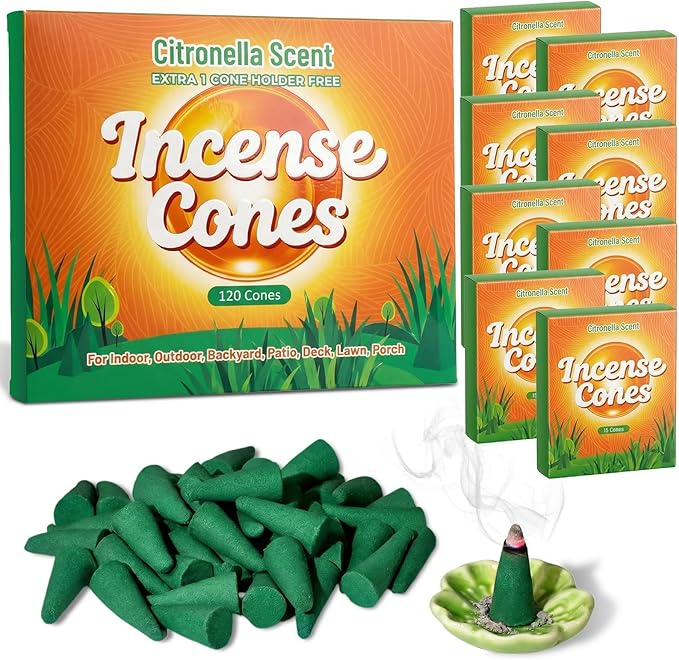 FIRIK Citronella Incense Cones (120 PCS) with 1 Holder, Lemongrass Cones Incense Gift Set for Indoor and Summer Outdoor Patio Camping Trip Garden Gathering