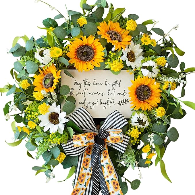 Spring Wreaths for Front Door 24 Inch Handmade Spring Summer Wreath with Artificial Sunflowers,Welcome Message Sign & Elegant Bow and White Yellow Daisy Wildflowers for Home,Porch&Gift Giving