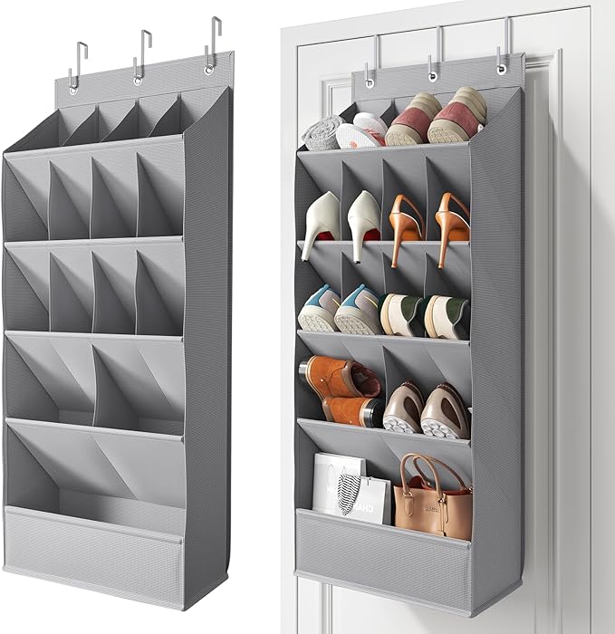 15 Pockets Over the Door Shoe Organizer, Shoe Rack for Closet Door with Large Breathable Pockets, Hanging Shoes Rack for Boots Size, Behind the Door Organizer Shoe Holder for Flexible Storage, Grey ﻿
