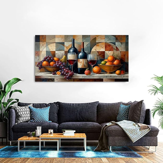 Geometric Kitchen Wall Art Abstract Wine Canvas Prints Red Wine Glass and Fruit Pictures Rustic Farmhouse Still Life Painting Wine Bar Decor for Dining Room Restaurant Home Decorations 29.53x57.87"