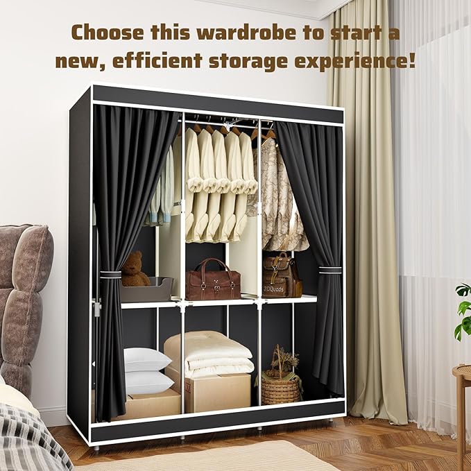 Portable Closet, Portable Closets for Hanging Clothes with 3 Hanging Rods and 6 Storage Shelves, Non-Woven Fabric Cover, Black Wardrobe Closet Easy to Assemble and Strong and Stable