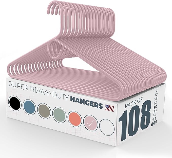 Neaties Super Heavy Duty Clothes Hangers 100 Pack (108 Count) – Made in the USA - 10lb Capacity, Thick Plastic Hangers for Pants, Coats, Jackets, Jeans and Adult Clothing – Pink