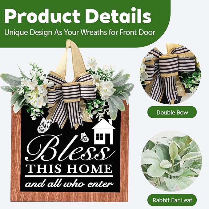 14'' Bless This Home and All Who Enter Wooden Door Sign - Welcome Wreaths for Front Door Rustic Bless This House Outdoor sign for Front Door, Housewarming Gift for Front Door Entryway Kitchen Garden and Porch All Seasons