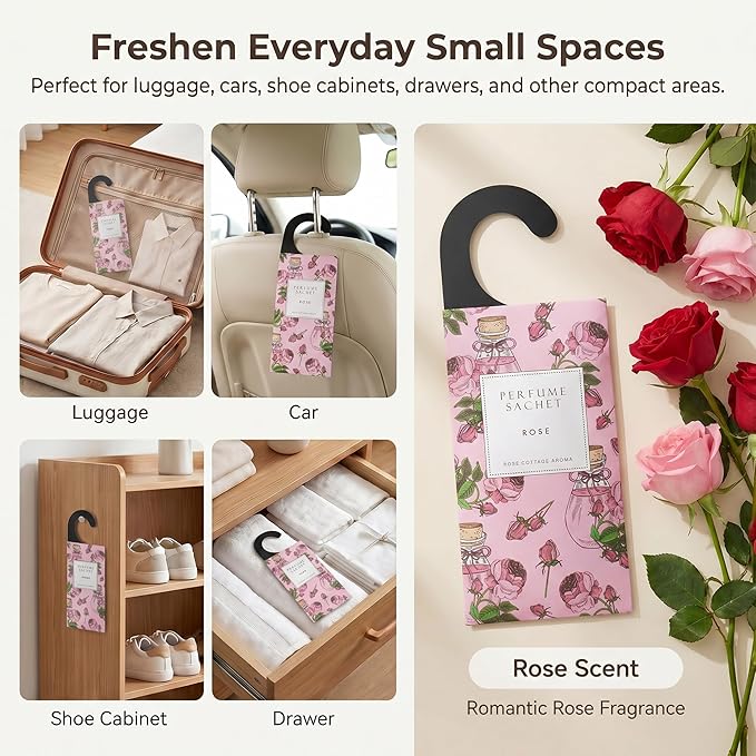 ROSE COTTAGE Large 12 Packs Rose Hanging Closet Deodorizer Air Freshener Long Lasting Scented Sachets Smell Goods for House