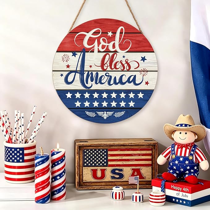 July Fourth Memorial Day Decorations Sign for Front Door Independence Day Patriotic Wreath Welcome Hanging Plaque God Bless America Round Wooden Hanger for Memorial Outdoor Decor 12”x 12”