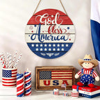 July Fourth Memorial Day Decorations Sign for Front Door Independence Day Patriotic Wreath Welcome Hanging Plaque God Bless America Round Wooden Hanger for Memorial Outdoor Decor 12”x 12”