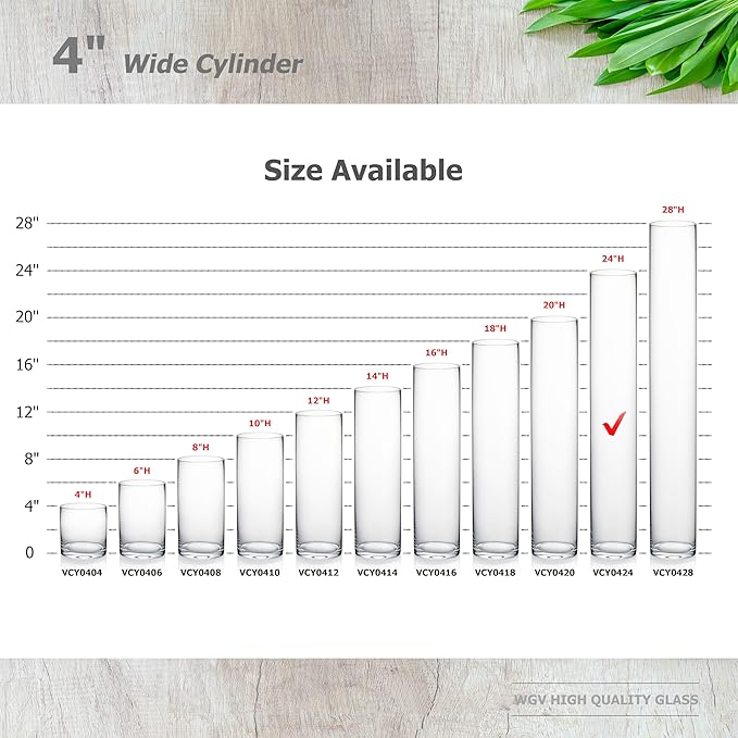 WGVI Quality Thick Weighted Tall Clear Cylinder Glass Vases, 4" W x 24" H, Flower Arrangement Floating Candle Holders Wedding Centerpieces Event Floral Tabletop Display Décor, Bulk Wholesale, 6 Pcs