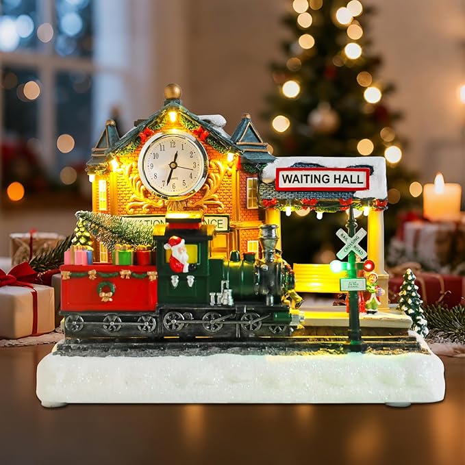 WONDER GARDEN Christmas Village Houses-Christmas Houses Village - Lighted Musical Railway Station Collectible Buildings with Moving Train for Home Indoor Decor or Gift