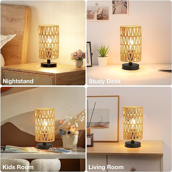 Fenmzee Small Table Lamp for Bedroom - Inline Control, Bedside Lamp with 3000K A15 LED Blub, Easy Assembly（Rattan Rope Shade-Black Base，9" Inline Control）