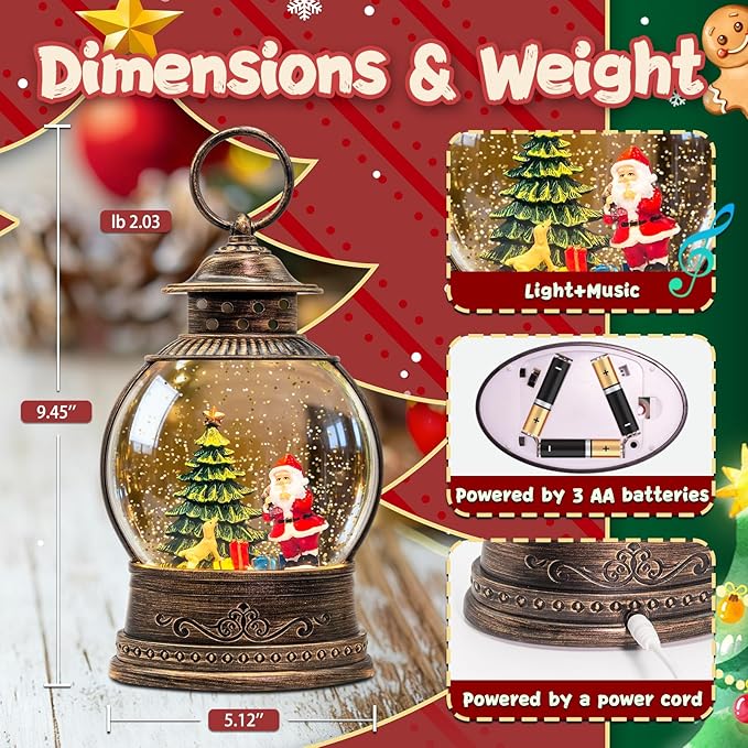 Christmas Snow Globes, 9.45" Santa Claus Glitter Water Lantern with 8 Songs, 6H Timer Battery & USB Powered Music Box for Christmas Decorations Indoor