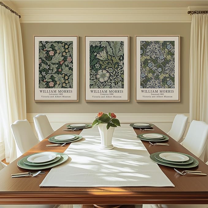 Framed William Morris Canvas Wall Art Set of 3, Green Vintage Floral Prints, Boho Farmhouse Botanical Decor for Living Room Bedroom Hallway Office, 16x24 Inch