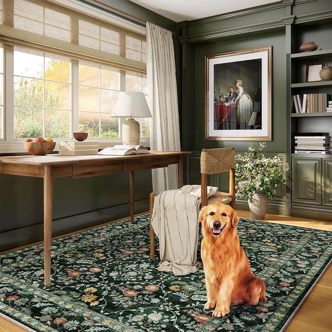 Vintage Botanical Dark Green Area Rug 5x7 Elegant Floral Pattern, Durable Stain-Resistant Fabric, Perfect for Living Room, Bedroom, Dining Room Decor