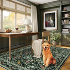 Vintage Botanical Dark Green Area Rug 5x7 Elegant Floral Pattern, Durable Stain-Resistant Fabric, Perfect for Living Room, Bedroom, Dining Room Decor
