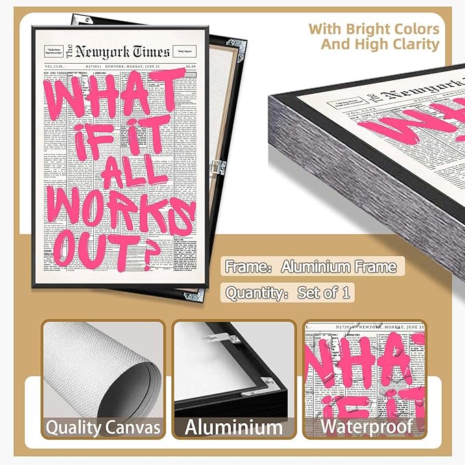 Drimiler Retro Newspaper Pink Font Poster What If It All Works Out Canvas Wall Art Positive Affirming Quote Minimalist Prints Painting For Home Bedroom Dorm Wall Decor 12x16in Framed