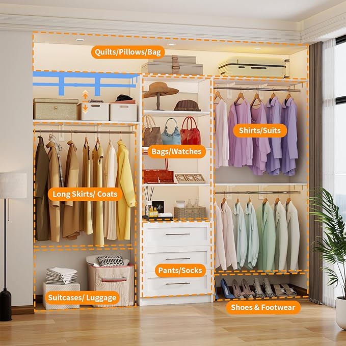 Closet System with 3 Wood Drawers, 5-8FT Closet Organizer System with Cuttable Shelves for Walk in Closet with 3 Expandable Hanging Rods, Heavy Duty Built-in Closet for Bedroom, White