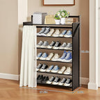 Easy Install Wooden Shoe Rack with Privacy Curtain - 6-Tier Foldable Shoe Storage Organizer, Unfold & Tighten to Use, Sturdy Wood Shoe Shelf for Closet Entryway Hallway Small Space