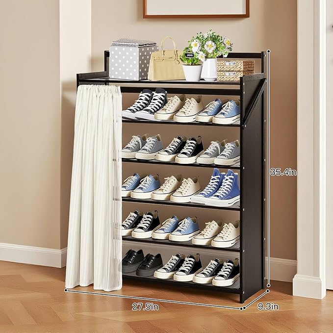Easy Install Wooden Shoe Rack with Privacy Curtain - 6-Tier Foldable Shoe Storage Organizer, Unfold & Tighten to Use, Sturdy Wood Shoe Shelf for Closet Entryway Hallway Small Space