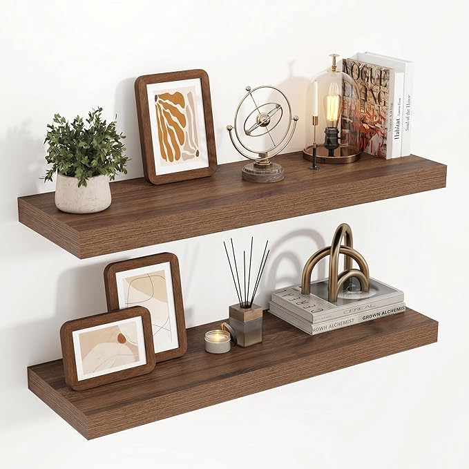 Acovy 32 Inch Floating Shelves, 3D Textured Wood Grain, 32"x9.25"x1.5" Inch Deep Floating Shelves for Wall, Wooden Shelves for Bathroom, Bedroom, Living Room, Walnut, 2 Pieces