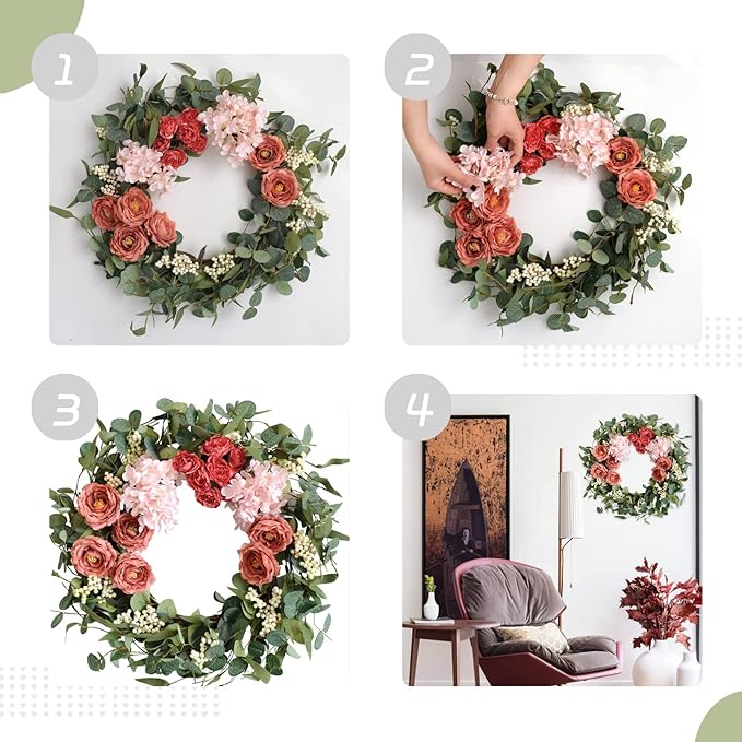 TEMPUS 20 inches Artificial Pink Peony Wreath for Front Door Wreath with Hydrangea Green Leaves Valentines Mother's Day Decor Wall Wedding Party Home Decor (Pink)
