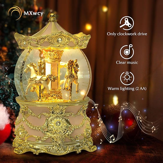 Carousel Music Box Gold & Pink Christmas Snow Globes, 8.3" Rotate Carousel Snow Globe for Kids & Adults, Classic Wind up Musical Snow Globe Valentines Day Gifts for Women Girls, Carousel Home Decor