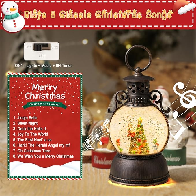 Christmas Snow Globe Lantern - Lighted Musical Water Globes with 6H Timer, Glittering Swirling Santa & Gnomes Scene, Battery/USB Powered Holiday Decoration for Indoor Christmas Decor & Gifts