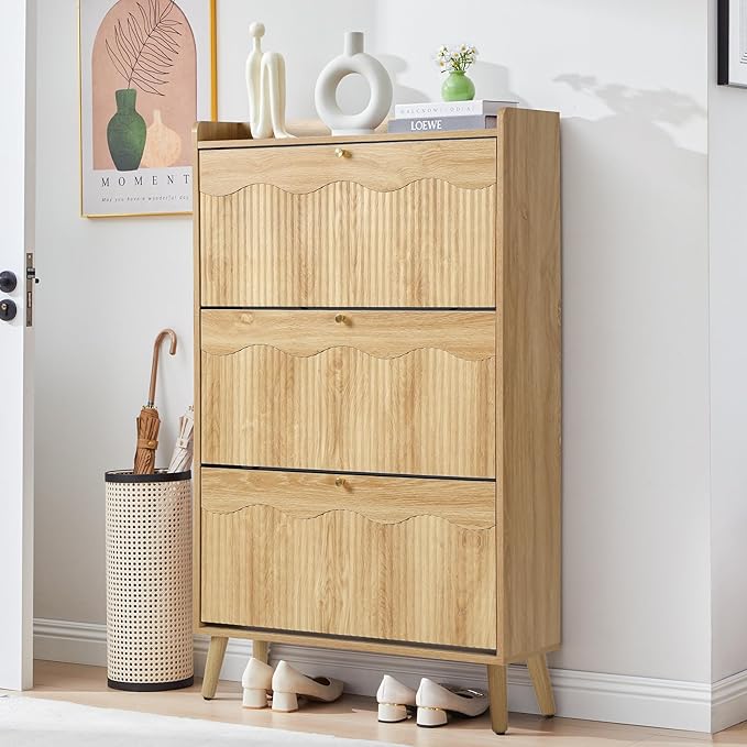 BERRYMERRY Shoe Storage Cabinet for Entryway with 3 Flip Drawers, 51.2” Tall Narrow Shoe Organizer with Wave Panel, Freestanding Wood Hidden Shoe Cabinet for Hallway