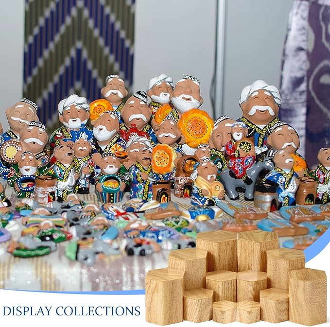 Jetec 12 Pcs Hexagonal Jewelry Display Risers Hexagonal Market Display Risers Stands Acrylic Showcase Acrylic Stand for Jewelry Model Figures Decoration, 6 Sizes (Woodgrain)