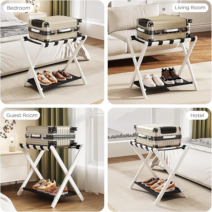 Fully Assembled 2 Pack Luggage Rack with Fabric Storage Shelf, 26.77" Bamboo Folding Luggage Rack for Guest Room, Luggage Stand Holder, Thickened Suitcase Stand Holds up to 165 Lbs, White