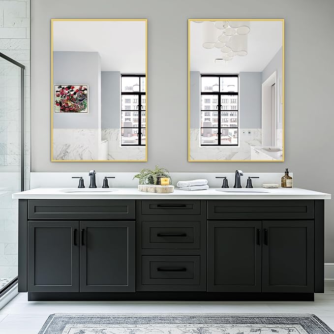 TRAHOME Bathroom Vanity Mirror for Wall, 2 Pack 36" x 24" Metal Framed Rectangular Bathroom Wall Mirror for Over Sink, HD Shatterproof Glass, Hangs Horizontally or Vertically(Gold)