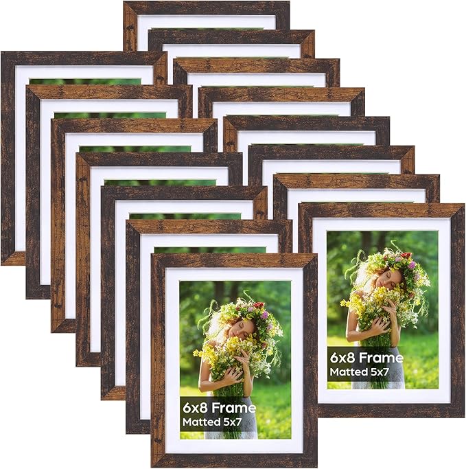 Lyeasw 5x7 Picture Frame 15 Pack, Display Pictures 5x7 with Mat or 6x8 without Mat, Brown Rustic Bulk Photo Frames for Wall or Tabletop