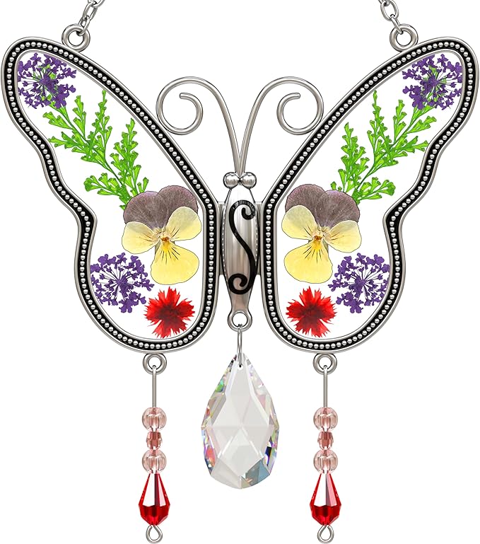 KY&BOSAM Butterfly Suncatchers Gifts for Mom Family Friends Stained Glass Suncatchers for Windows Hangings Wind Chimes Real Flower Colorful Crystal Outdoor for Garden Indoor Home Trees Party Decor