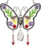 KY&BOSAM Butterfly Suncatchers Gifts for Mom Family Friends Stained Glass Suncatchers for Windows Hangings Wind Chimes Real Flower Colorful Crystal Outdoor for Garden Indoor Home Trees Party Decor