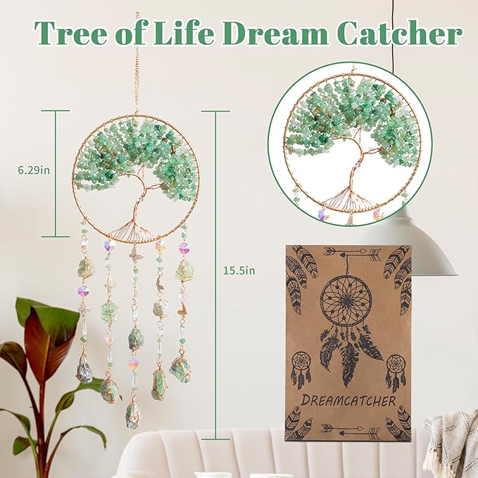 Tree of Life Dream Catchers Green Dream Catcher with Crystal Sun Catcher Prism Hangings Wall Window Bedroom Room Decor Gift for Girls Boys Adults