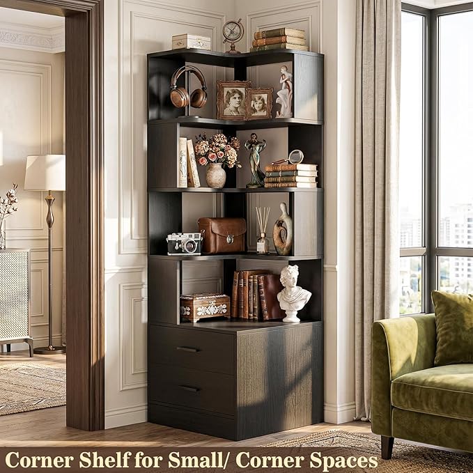 Armocity Corner Bookshelf with Drawers, 7 Tier Corner Book Shelf Display Bookcase, Freestanding L Shaped Bookshelf for Bedroom, Living Room, Home Office, Black