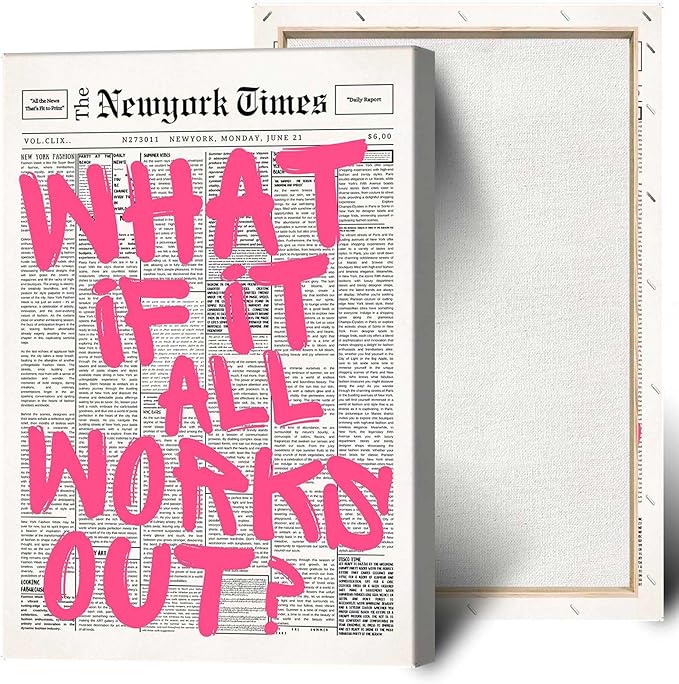 Drimiler Retro Newspaper Pink Font Poster What If It All Works Out Canvas Wall Art Positive Affirming Quote Minimalist Prints Painting For Home Bedroom Dorm Wall Decor 8x12in Wframed