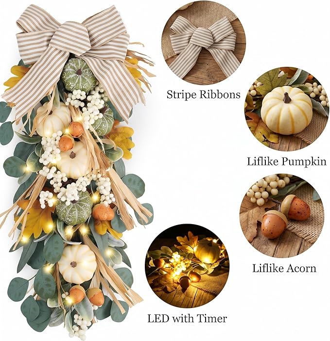 Valery Madelyn 24 inch Fall Pumpkin Teardrop Swag Autumn Harvest Door Hanger with Green & White Mini Pumpkins, Eucalyptus, Raffia, Berries and Striped Bow for Front Door Thanksgiving Table Centerpiece