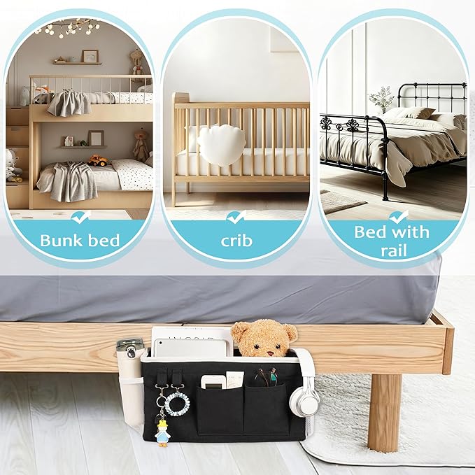 Loghot Bedside Caddy/Bedside Storage Bag Hanging Organizer for Bunk and Hospital Beds,Dorm Rooms Bed Rails,Can be Placed Glasses,Books,Mobile Phones,Keys (Black)