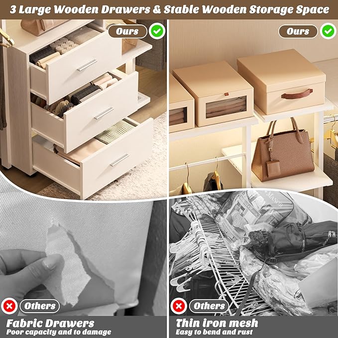 Aheaplus Closet System with Drawers, Closet Organizer System Storage with Shelves, 96'' Walk-in Closet with 5 Hanging Rods, Heavy Duty Wall Mounted Clothes Wardrobe Garment Rack,-Metal Frame, White