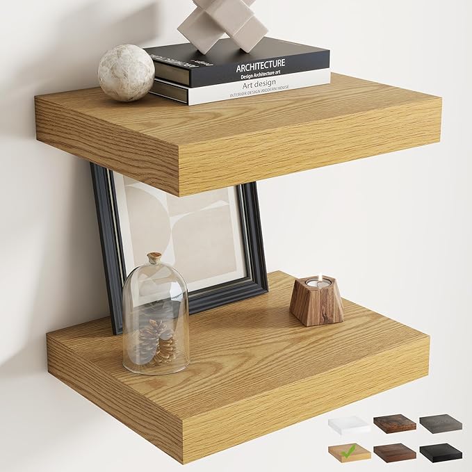 16 Inch Floating Shelves for Wall Set of 2, 12"D Wood Grain Bathroom Shelves with Invisible Brackets, Easy Install Engineered Wood Storage Shelves for Kitchen, Living Room, Bedroom, Oak Finish