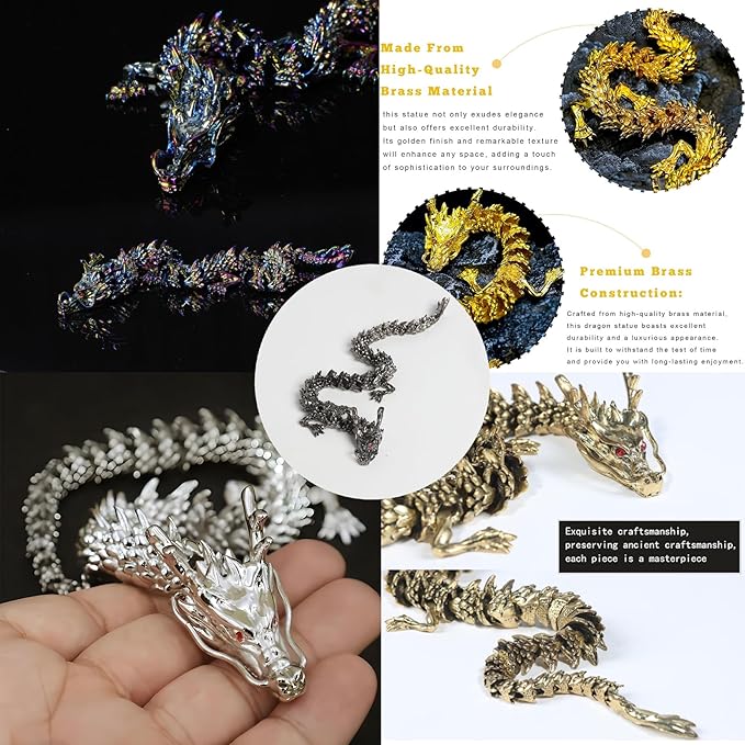 LIYAOLI 5 Pcs Large Metal 3D Printed Articulated Chinese Dragon Figurine Statue Bookshelf Decor 15 Inch Flexible Joints Luck Dragon for Home Office Desk Decoration