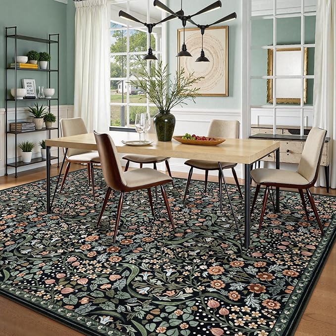 Moynesa Floral Washable Rugs 9x12, Soft Living Room Area Rugs 9x12 Large Boho Bedroom Rug, Non Slip Ultra Thin Soft Botanical Floor Carpet for Dining Room Home Office Farmhouse, Black