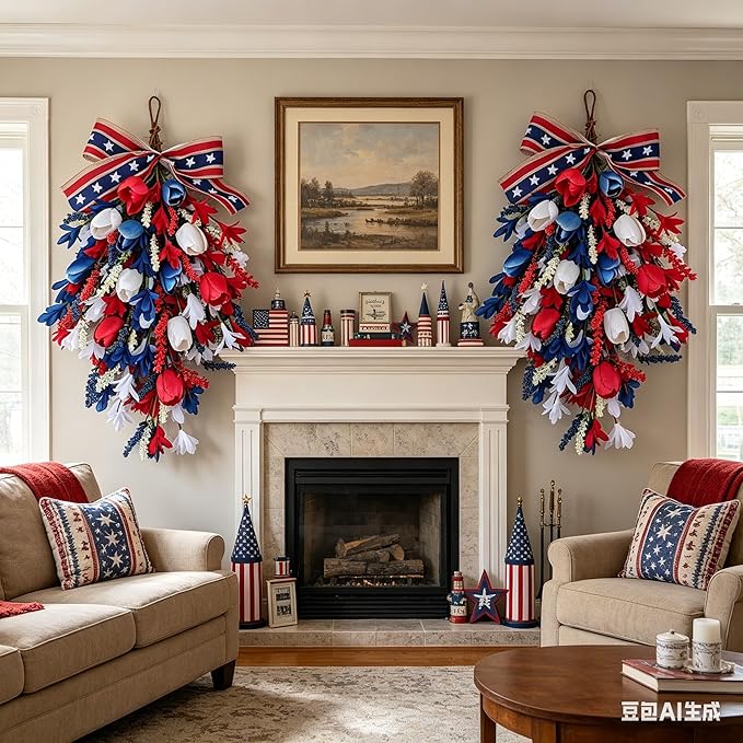 2 Pack 21'' Patriotic Teardrop Swag Wreaths for Cabinets Artificial 4th of July Swag Wreath with Red White Blue Tulips Floral and Berries for Independence Day Memorial Day Front Door Porch Window Wall
