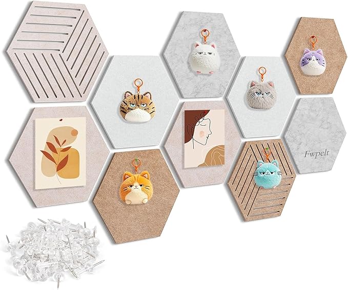 10 Pack Hexagon Cork Board Tiles Alternative, 12'' Fully Self-Adhesive Modern Felt Bulletin for Wall Decor, Frameless Pin Board for Office, Renter-Friendly Decorative Hexagon Corkboard with 30 Pins