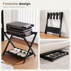 26.77" Full Assembled Luggage Rack for Guest Room, Set of 1 Bamboo Foldable Suitcase Stand, Bedroom & Hotel, Folding Luggage Holder with 5 Nylon Straps, 600D Oxford Fabric Shelf Black