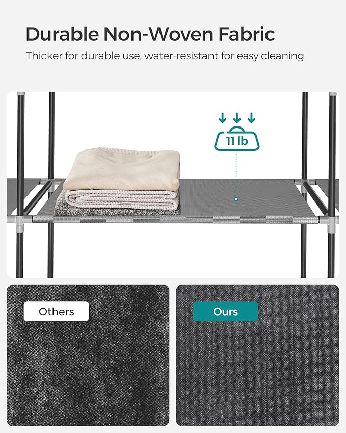 SONGMICS Portable Closet, Wardrobe Closet Organizer with Cover, 3 Hanging Rods and Shelves, 4 Side Pockets, 51.2 x 17.7 x 65.7 Inches, Large Capacity for Bedroom, Living Room, Gray URYG092G02