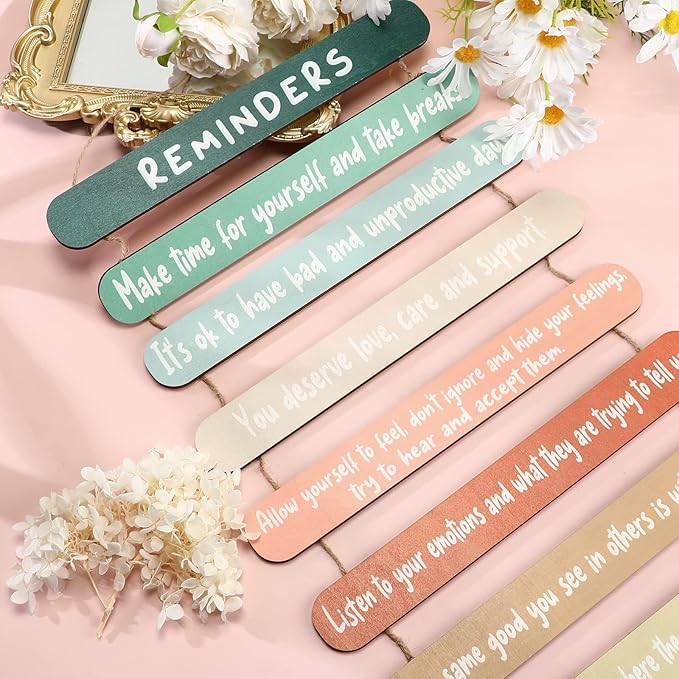 Yookeer Mental Health Reminders Wall Decors Wooden Hanging Art Counseling Room Decor Positive Psychology Affirmations Feelings Pediments for Home Counseling Office(Warm Color,Classic Style)