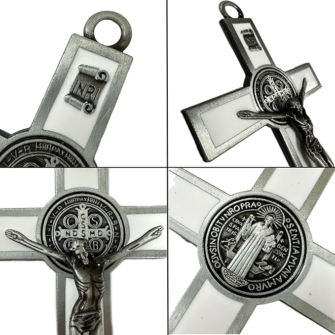 BONITTER Antique Silver Crucifix Wall Cross-St. Benedict Metal Wall Art-5.0 InchX2.7 Inch Black White Brown Enamel Give Blessing and The Spiritual Sacred:Faith Gift for your Acquaintances (White)